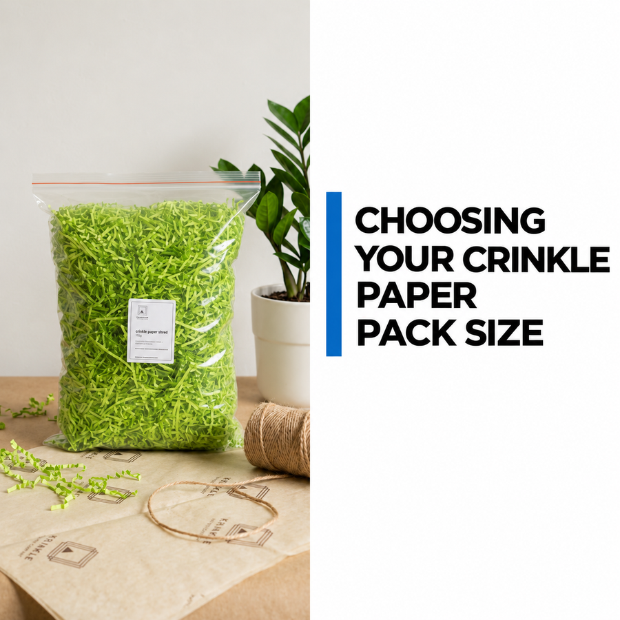 A clear pack of Lime Green crinkle paper on a packing table beside tissue, twine and a plant.