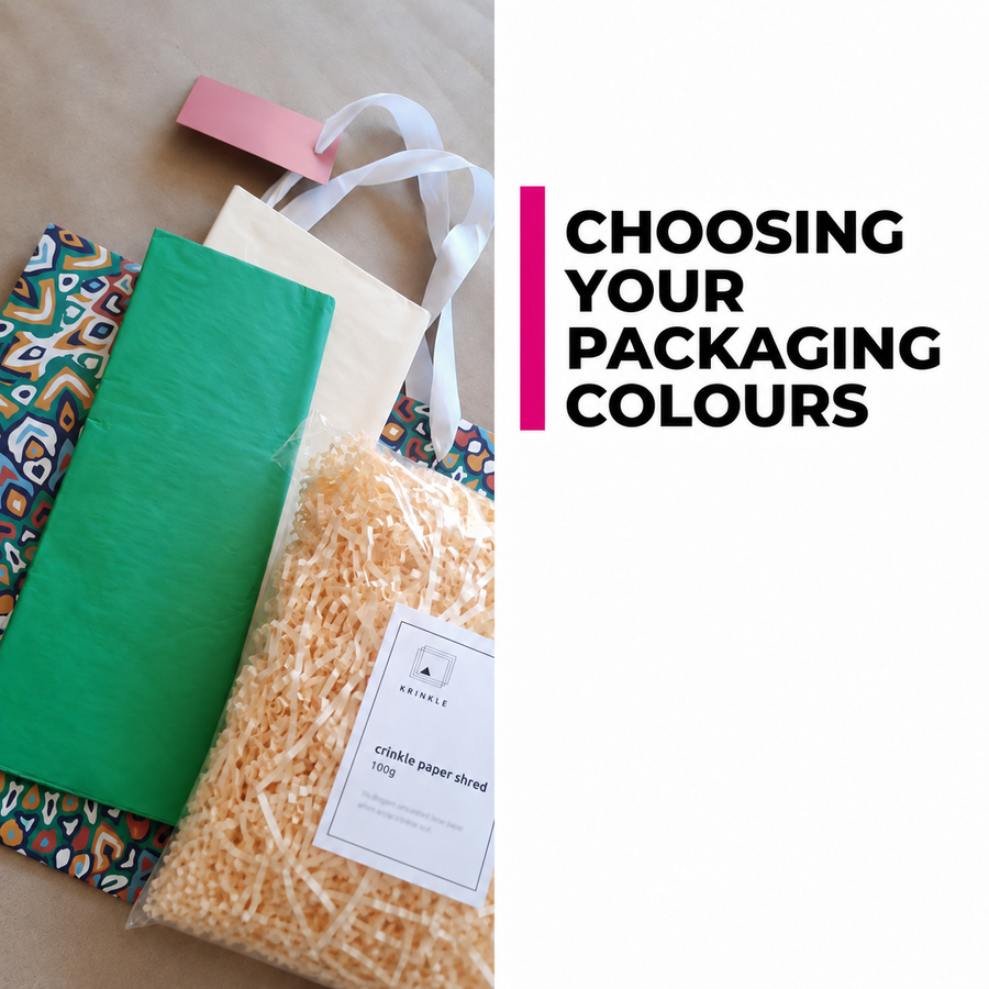 Green tissue, patterned wrapping paper, a cream gift bag and a pack of Vanilla crinkle paper.