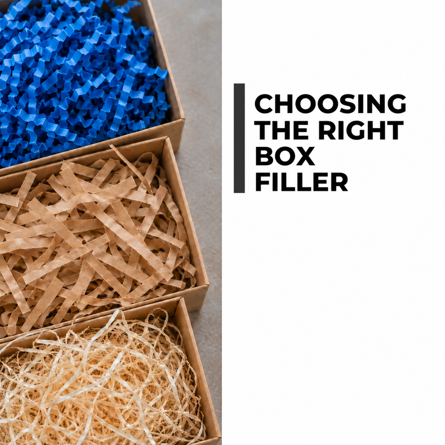 Choosing the right box filler: Azure Blue crinkle paper, straight kraft shred and wood wool compared.