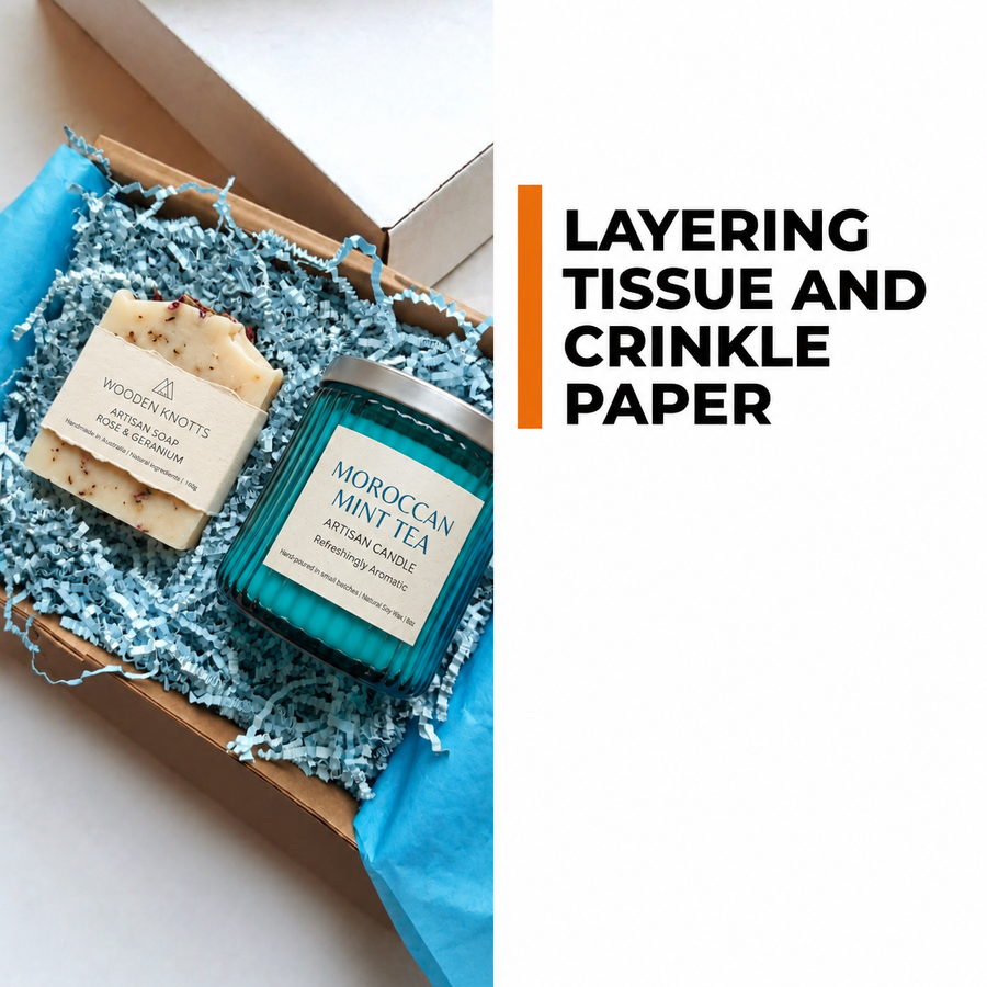 Blue tissue lining and pale blue crinkle paper around artisan soap and a teal candle in a kraft gift box.