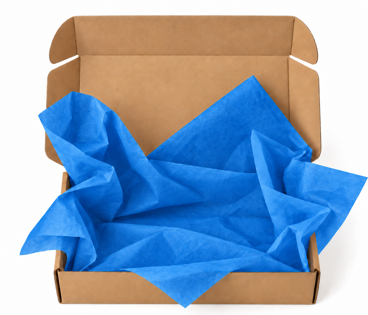 Azure blue tissue paper arranged in an open kraft gift box