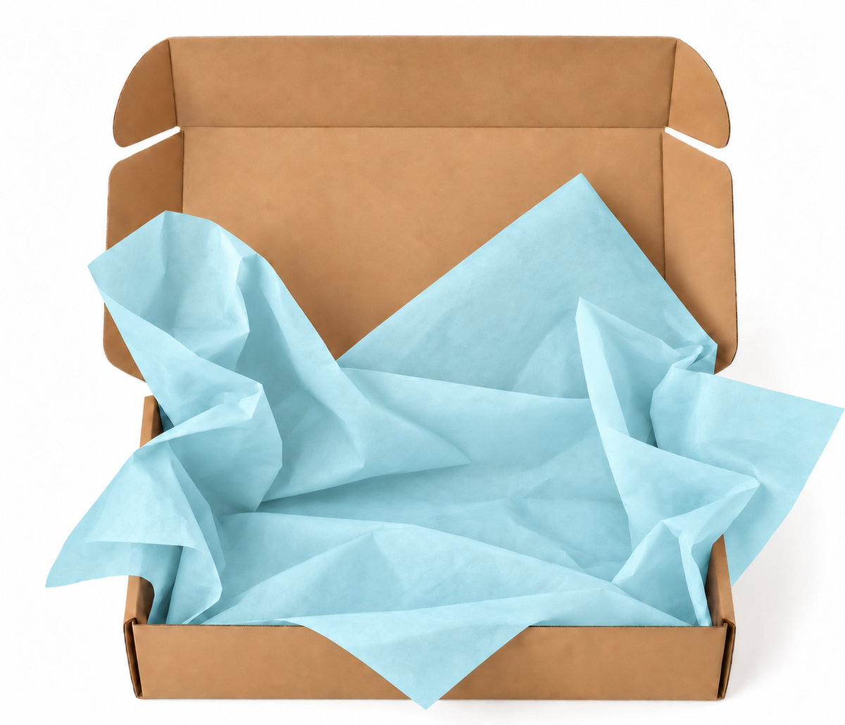 Baby blue tissue paper arranged in an open kraft gift box