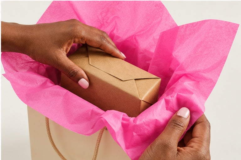 Hot Pink tissue paper lining a kraft gift bag