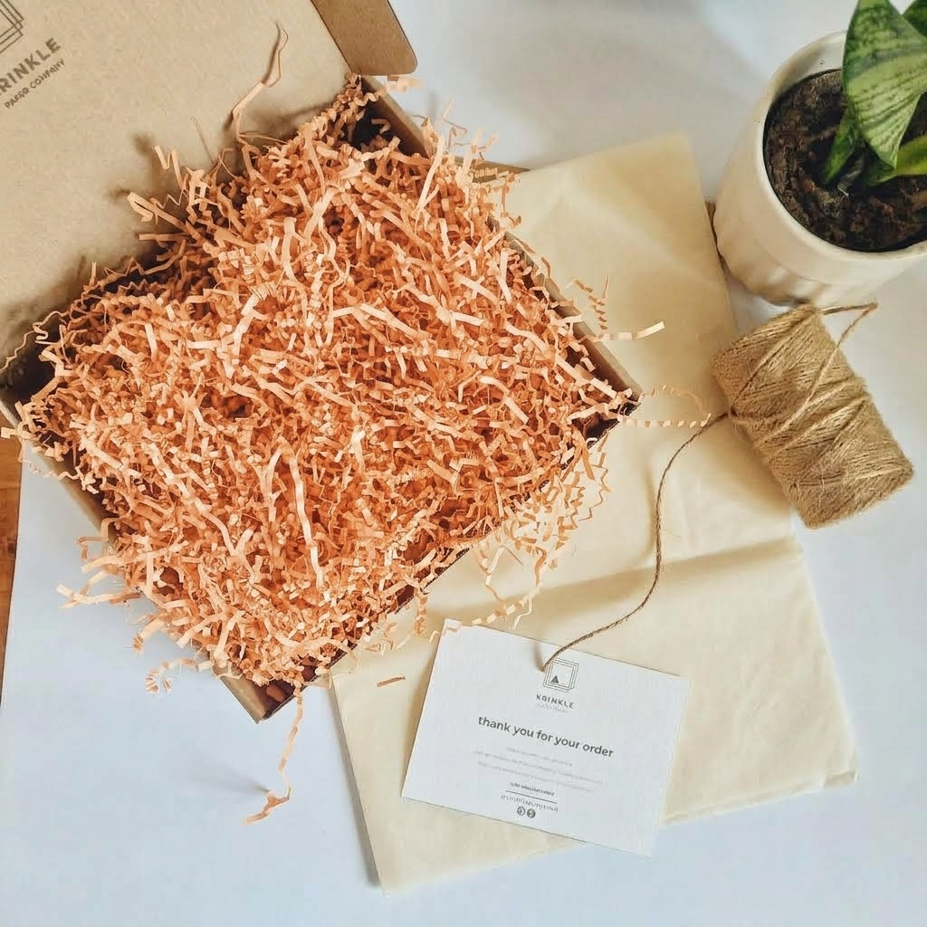 Peach crinkle paper styled in gift packaging